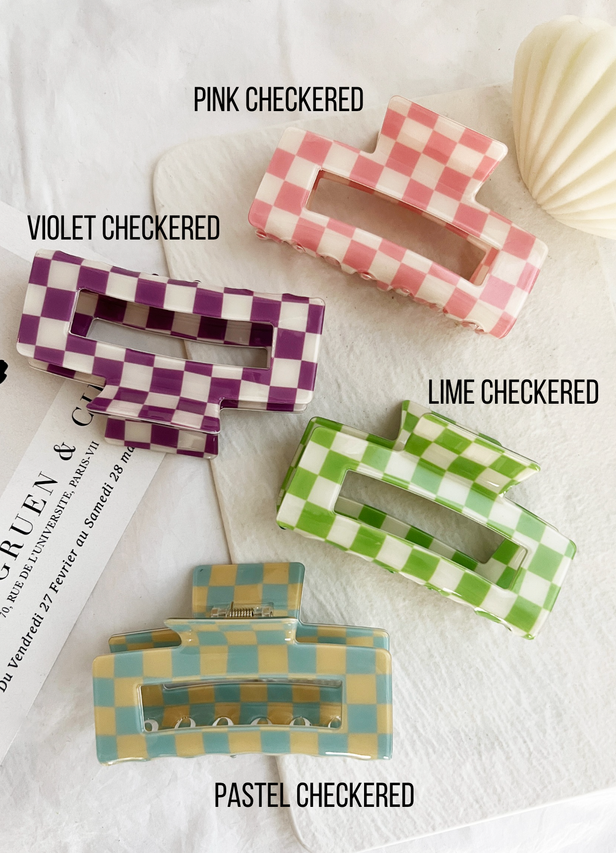 Jumbo 4" Acetate Hair Claw, Tortoise Hair Clips - BETTY-CK: Pink Checkered