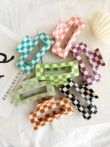 Jumbo 4" Acetate Hair Claw, Tortoise Hair Clips - BETTY-CK: Teal Checkered