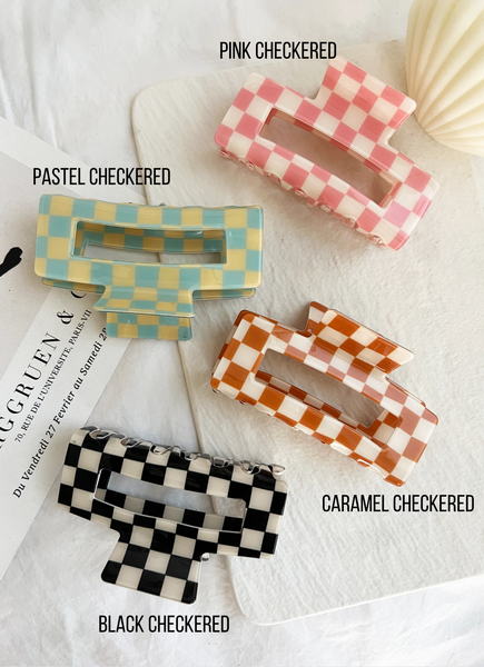 Jumbo 4" Acetate Hair Claw, Tortoise Hair Clips - BETTY-CK: Pink Checkered