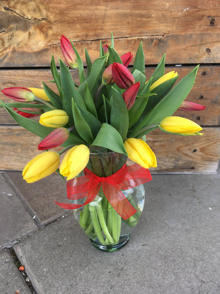 Floral Vase arrangement with yellow and red tulips.